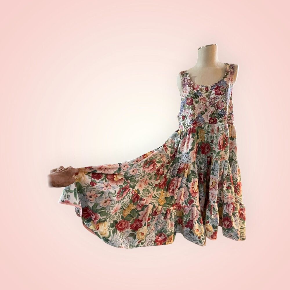 Handmade Floral Tiered Maxi Dress, patch pockets and adjustable straps, Size L - Picture 5 of 16